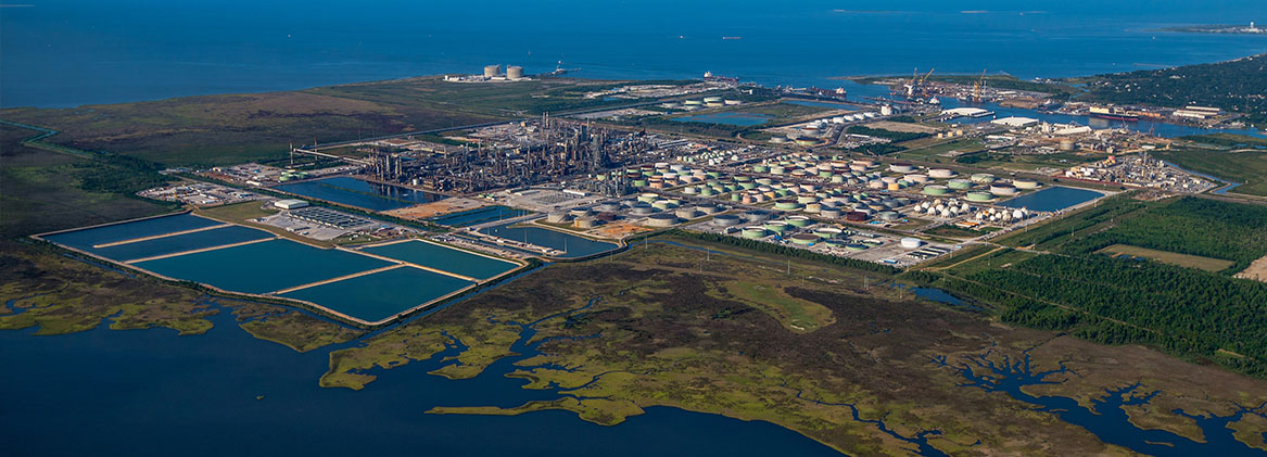 aerial view of Pascagoula Refinery and nearby wetlands